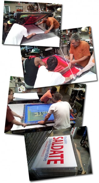 Screen printing process for yard signs. 
