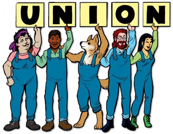 union print shop in Tucson with people holding up signs spelling the word union.