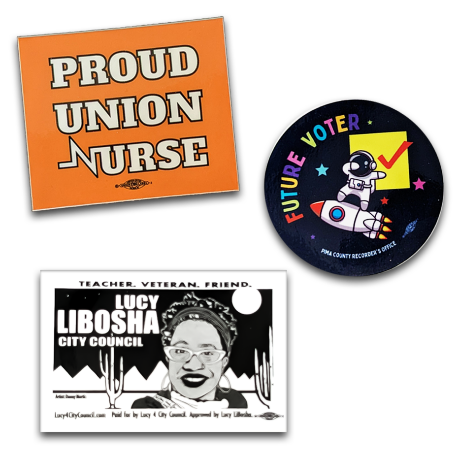 a variety of union made stickers from Tucson Print Shop, The Gloo Factory